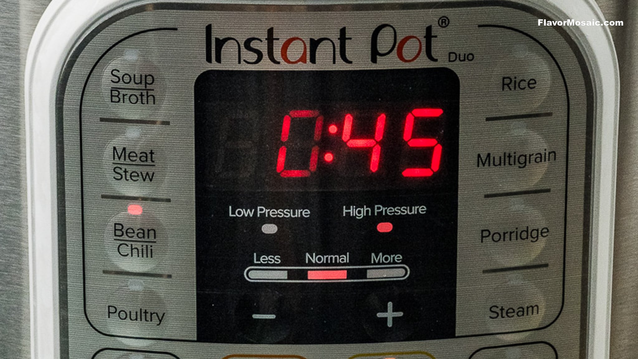 Close-up of an Instant Pot Duo control panel with a digital display showing 0:45, perfect for making Instant Pot Charro Beans (Frijoles Charros). Buttons for Soup/Broth, Meat/Stew, Bean/Chili, Poultry, Rice, Multigrain, Porridge, and Steam are visible.