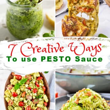 A collage shows pesto sauce, a pesto-filled sandwich, pasta salad, and noodles with pesto. The text reads 7 Creative Ways To use PESTO Sauce..