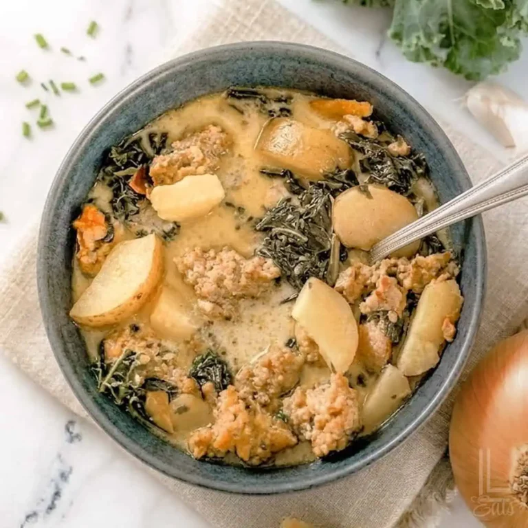 A bowl of creamy soup with sausage, kale, and potato chunks on a napkin, with a spoon, onion, and fresh greens nearby on a marble surface.