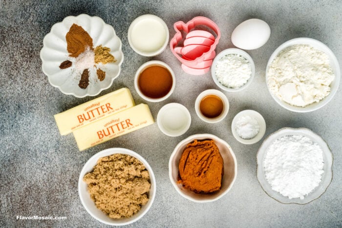 Ingredients shown for Pumpkin Sugar Cookies with a Maple Glaze.