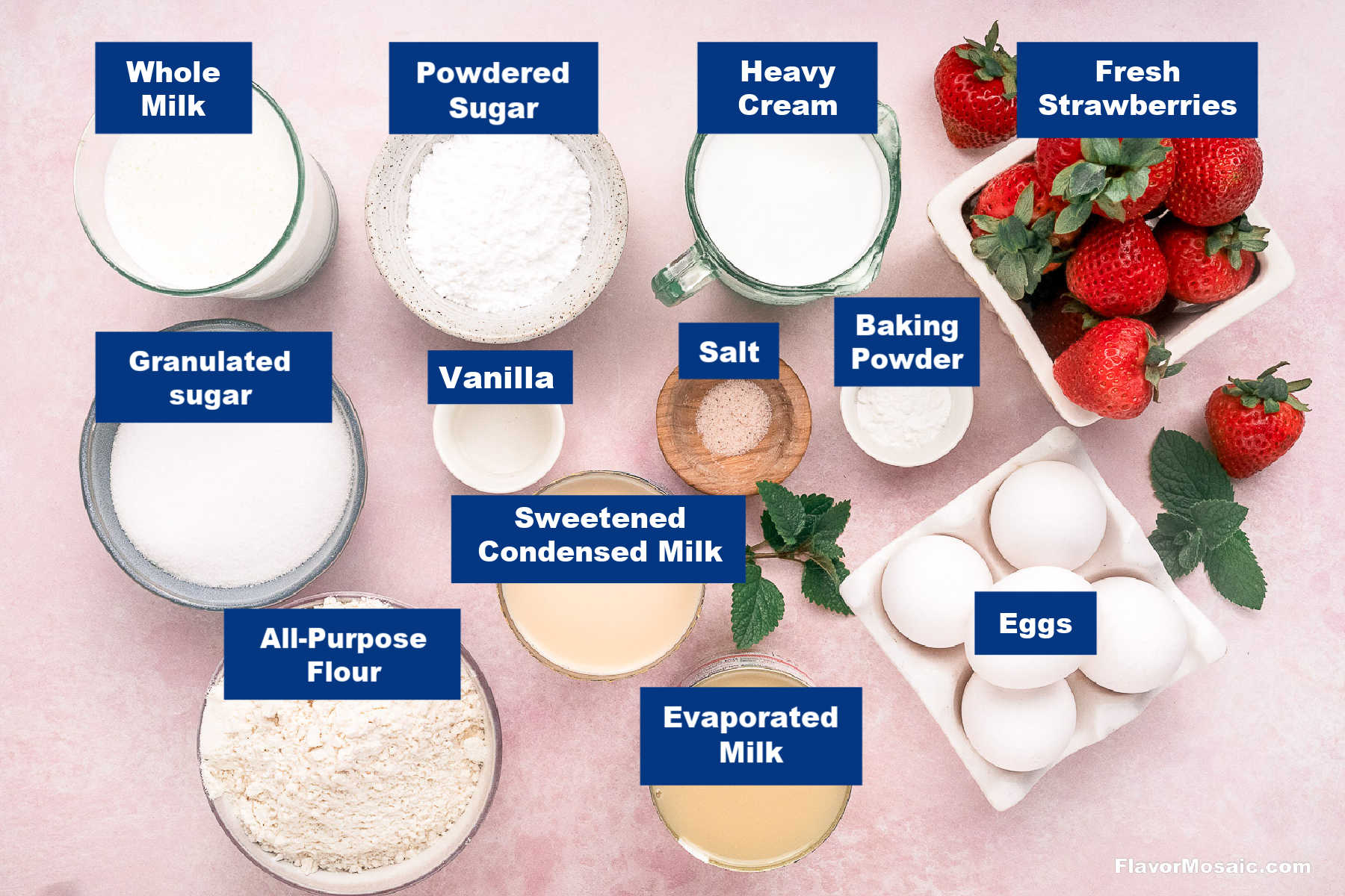 Baking ingredients for a strawberry dessert arranged on a surface, including whole milk, powdered sugar, heavy cream, fresh strawberries, granulated sugar, vanilla, salt, baking powder, sweetened condensed milk, flour, evaporated milk, and eggs.