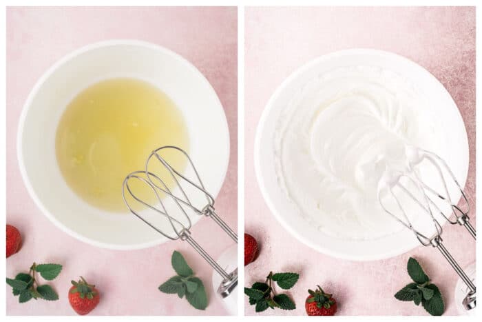 A side-by-side comparison of a mixing bowl containing liquid egg whites next to a bowl of stiff, whipped egg whites, with strawberries and mint leaves on the surface for a strawberry cake.