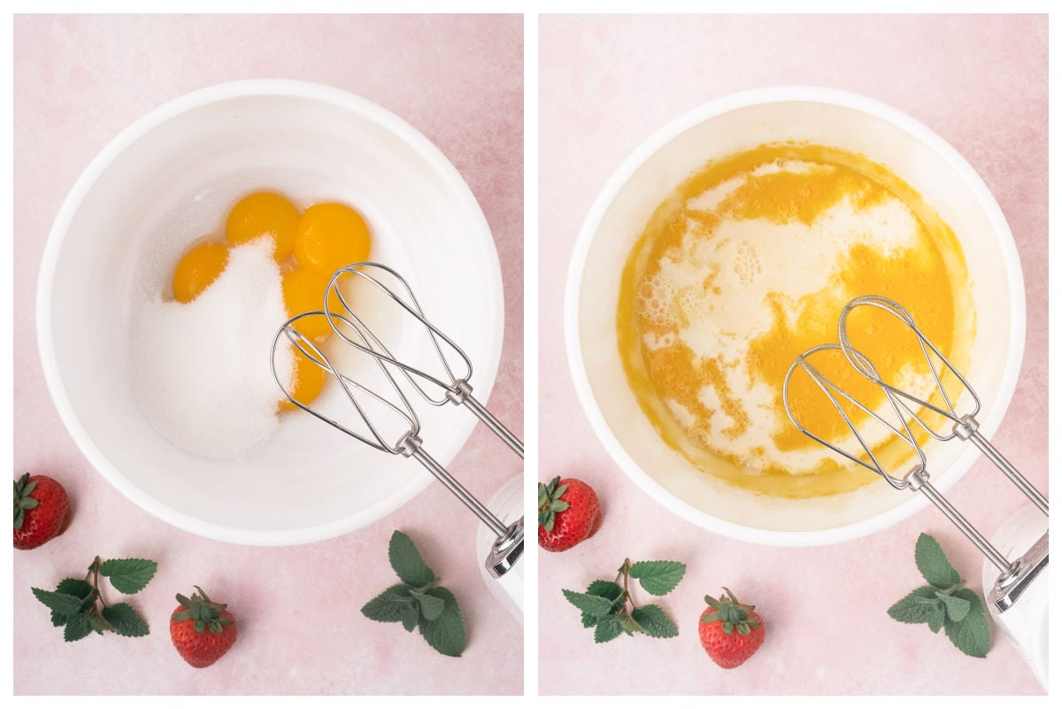 Split image showing raw egg yolks and sugar for a Tres Leches Cake being beaten with an electric mixer, then blended with added liquid.