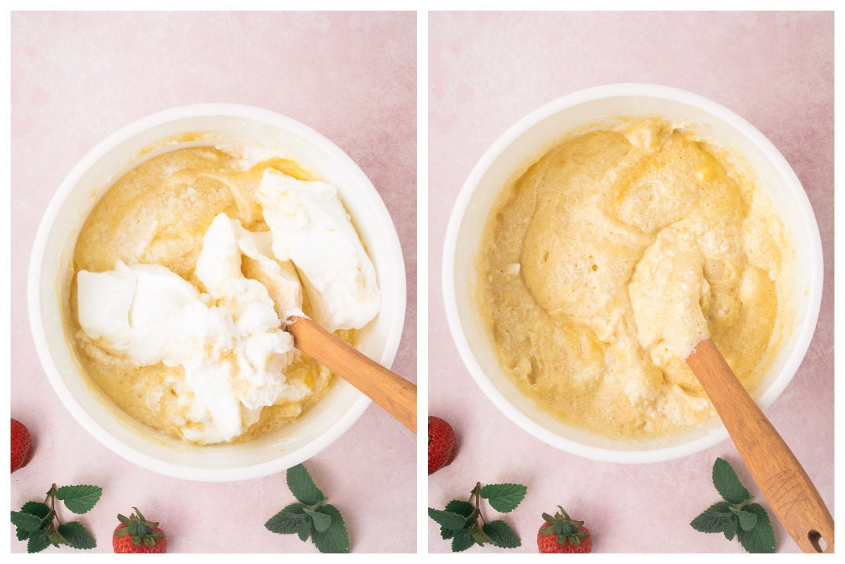 A side-by-side view showing a wooden spoon folding thick cream into a yellow batter for a strawberry cake in a white bowl.