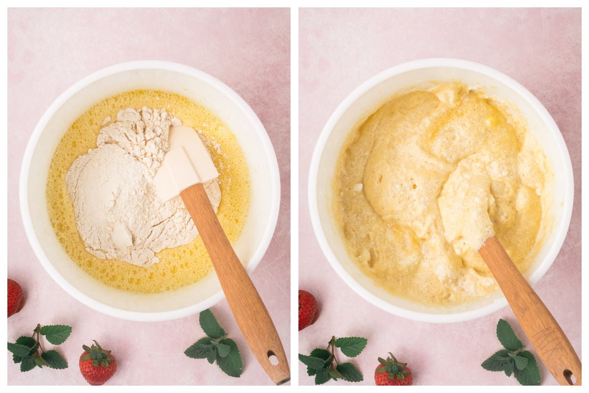 Side-by-side images showing a spatula mixing flour into a bowl of yellow batter for a classic tres leches cake, followed by the fully combined batter.