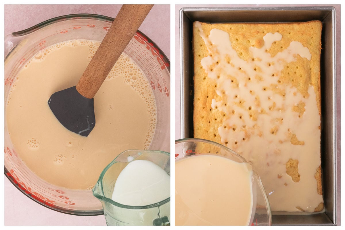 A side-by-side view showing a spatula stirring the 3 milk mixture in a measuring cup, then pouring the Tres Leches mixture over a rectangular strawberry cake in a metal pan.