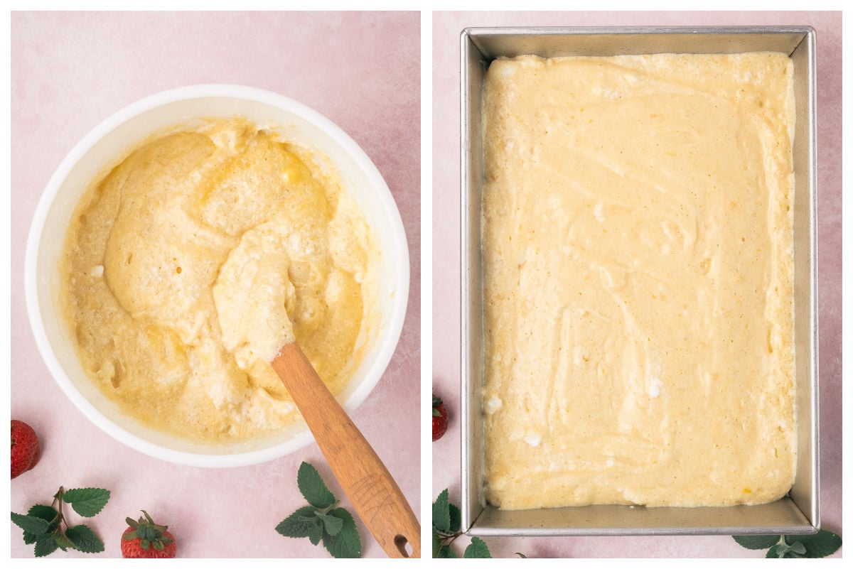 A split image showing strawberry cake batter in a mixing bowl with a wooden spoon, and the smooth batter spread into a rectangular metal baking pan for a Tres Leches Cake.