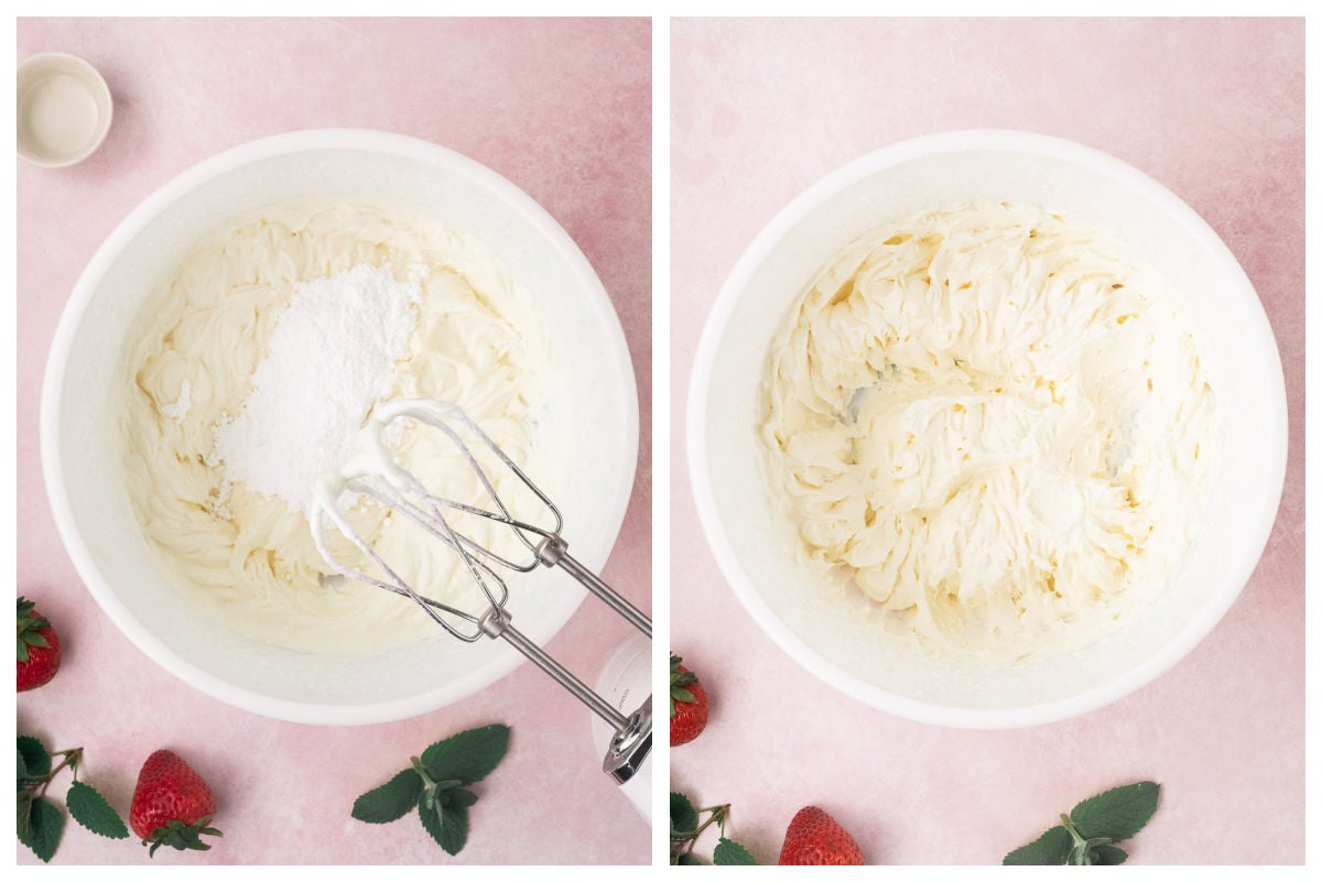 Two side-by-side photos show powdered sugar being mixed into cream with a hand mixer in a white bowl, followed by the smooth, whipped mixture prepared for a Tres Leches Cake.