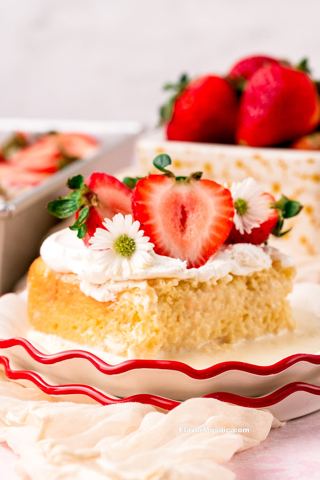 A slice of Tres Leches cake topped with whipped cream, strawberry halves, and small white flowers on a white scalloped plate with red trim.